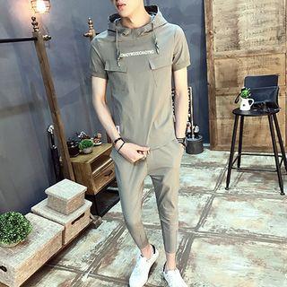Set: Hooded Short Sleeve Lettering T-shirt + Cropped Plain Pants