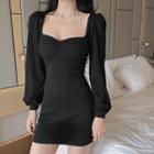 Puff-sleeve Plain Mini Dress Black - One Size