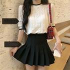 Contrast Trim Short-sleeve Knit Top / Mini A-line Pleated Skirt / Set