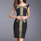 Leaf Embroidered Cap-sleeve Sheath Dress