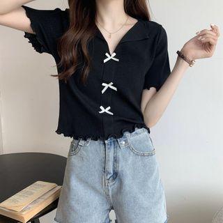 Short Sleeve V-neck Bow Accent Top