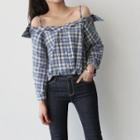 Off-shoulder Checked Blouse