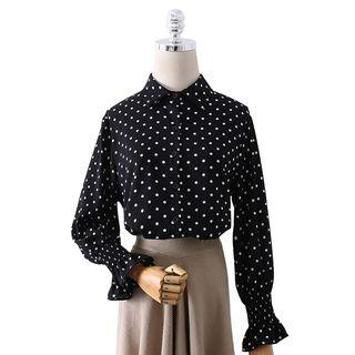 Dotted Long-sleeve Chiffon Blouse Black - One Size