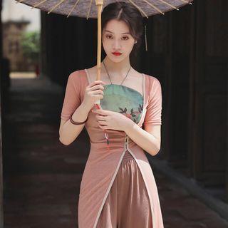 Halter-neck Floral Print Top / Wide Leg Pants / Short-sleeve Jacket / Set
