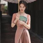 Halter-neck Floral Print Top / Wide Leg Pants / Short-sleeve Jacket / Set