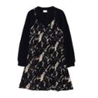 Mock Two-piece Long-sleeve Printed Dress Black - One Size
