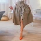Buttoned Glen-plaid Long Gathered Skirt