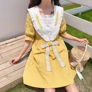 Leaf Embroidered Ruffle Puff-sleeve A-line Dress