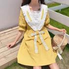 Leaf Embroidered Ruffle Puff-sleeve A-line Dress