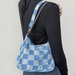 Checked Denim Chain Shoulder Bag One Size