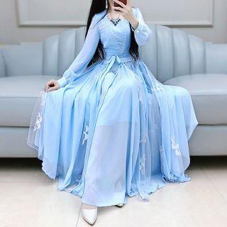 Butterfly Embroidered Mesh Panel Long-sleeve Maxi A-line Dress