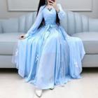 Butterfly Embroidered Mesh Panel Long-sleeve Maxi A-line Dress