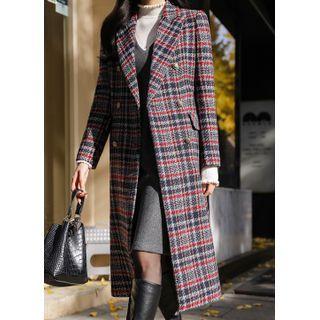 Peaked-lapel Plaid Tweed Long Coat
