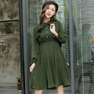 Dotted Long Sleeve Pleated Dress
