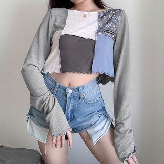 Long-sleeve Round Neck Color Block Panel Crop Top