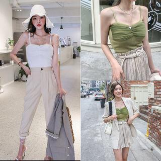 Shirred-front Mesh-trim Camisole Top