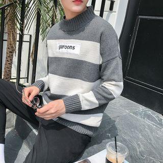 Mock-neck Striped Applique Sweater