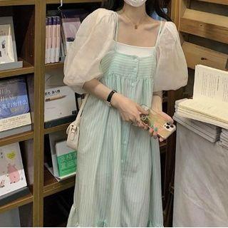 Puff-sleeve Square Neck Blouse / Spaghetti-strap Striped Midi A-line Dress