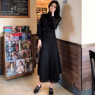 Fringed Lantern-sleeve Midi A-line Knit Dress