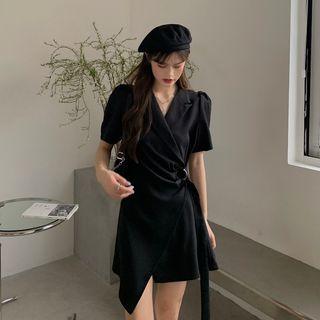 Elbow-sleeve V-neck Asymmetrical Mini A-line Dress Black - One Size