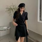 Elbow-sleeve V-neck Asymmetrical Mini A-line Dress Black - One Size