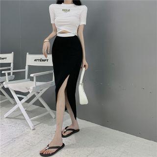 Lettering Cutout Cropped T-shirt / Slit Midi Pencil Skirt