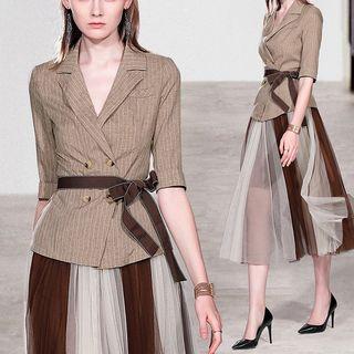 Set: Double-breasted Elbow-sleeve Blazer + Mesh Midi A-line Skirt
