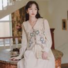 Set: Long-sleeve Midi A-line Dress + Embroidered Vest