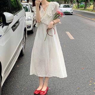 Puff-sleeve V-neck Ruffle A-line Dress