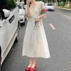 Puff-sleeve V-neck Ruffle A-line Dress