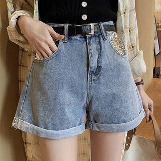 Sequined Roll-up Denim Shorts