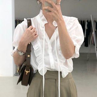 Puff Sleeve Ruffle Tie Neck Shirt