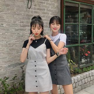 Set: Spaghetti-strap Plaid Top + Mini Skirt
