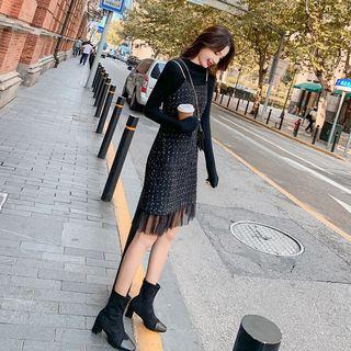 Ribbed Knit Top / Spaghetti Strap Dotted Pinafore Dress / Set