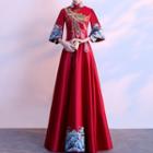 Embroidered Long Sleeve Mandarin Collar Evening Gown