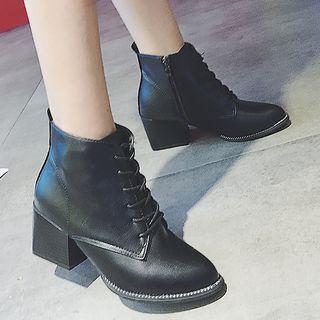 Faux Leather Pointed Toe Block Heel Ankle Boots