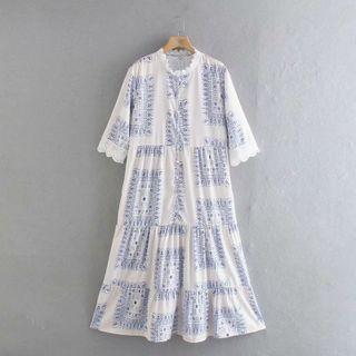 Lace Trim Print Midi A-line Dress