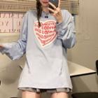 Heart Printed Long-sleeve Top Blue - One Size