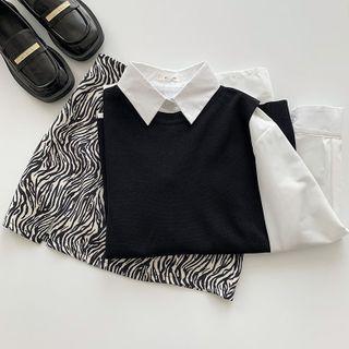 Long-sleeve Plain Shirt / Slit Vest / Zebra Print Mini Skirt
