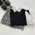 Long-sleeve Plain Shirt / Slit Vest / Zebra Print Mini Skirt