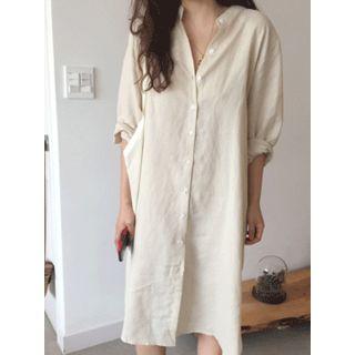 Mandarin-collar Linen Shirtdress