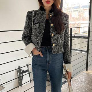 Stand-collar Tweed Cropped Jacket Black - One Size