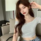 Short-sleeve Striped Cropped T-shirt White - One Size