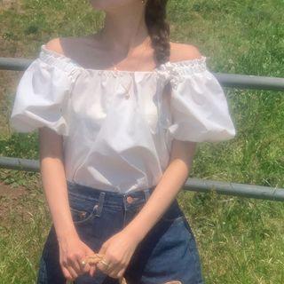 Puff-sleeve Off-shoulder Plain Ruffled-trim Shirt