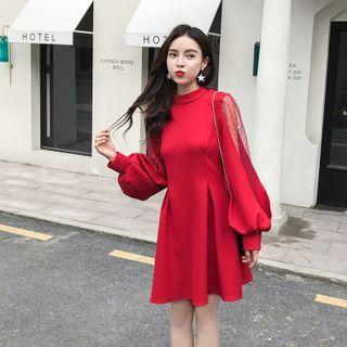 Dotted Panel Lantern-sleeve Mini A-line Dress
