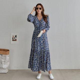 Smocked-waist Floral Flared Long Dress