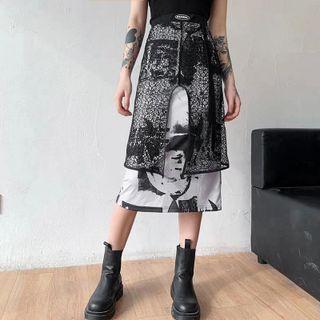 Lace Overlay Print Midi A-line Skirt