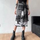 Lace Overlay Print Midi A-line Skirt