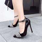 Pointy Toe Striped Ankle Strap High Heel Pumps