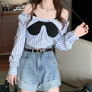 Long-sleeve Off Shoulder Stripe Panel Plain Camisole Top Stripe - Blue - One Size